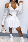 White Sexy Solid Patchwork Halter Long Sleeve Two Pieces