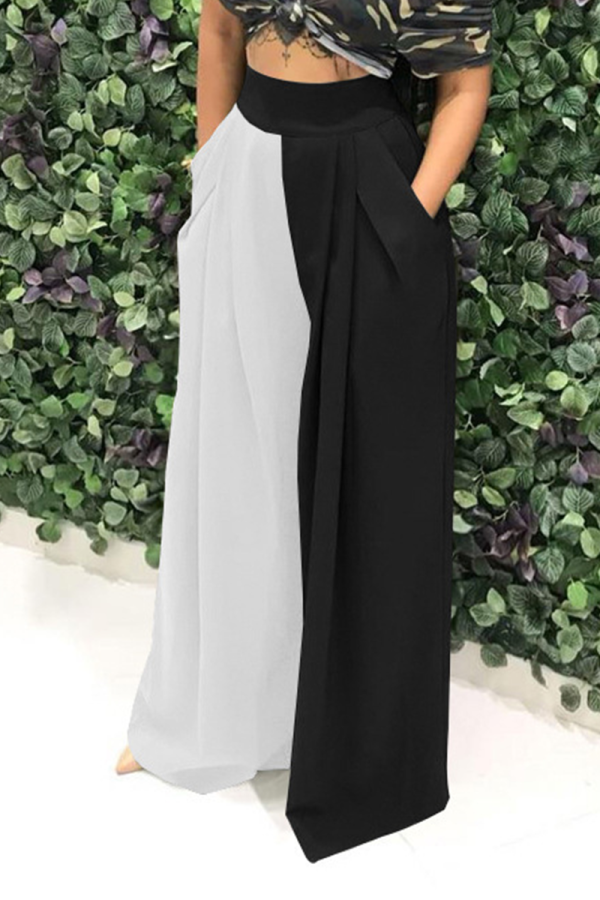 Black And White Casual Solid Patchwork Straight Mid Waist Wide Leg Solid Color Bottoms