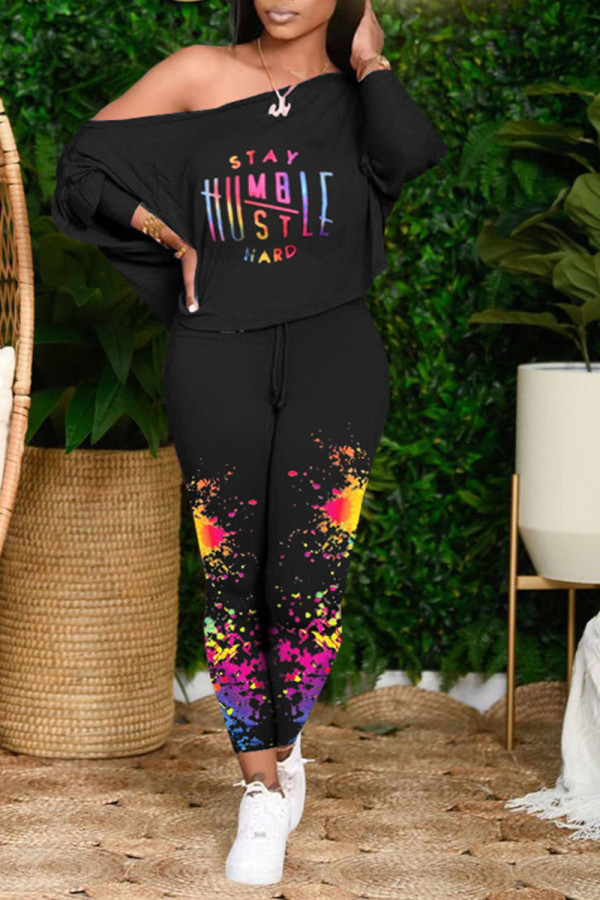 Black Street Print Patchwork Off the Shoulder Long Sleeve Two Pieces