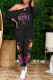 Black Street Print Patchwork Off the Shoulder Long Sleeve Two Pieces