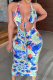 Blue Sexy Print Hollowed Out Halter Pencil Skirt Dresses