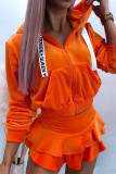 Orange Casual Street Solid Patchwork Flounce Hooded Collar Long Sleeve Two Pieces