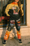 Black Casual Print Patchwork Hooded Collar Long Sleeve Two Pieces