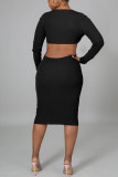 Pink Sexy Solid Hollowed Out Patchwork V Neck Pencil Skirt Dresses