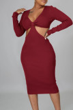 Pink Sexy Solid Hollowed Out Patchwork V Neck Pencil Skirt Dresses
