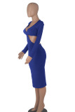 Pink Sexy Solid Hollowed Out Patchwork V Neck Pencil Skirt Dresses