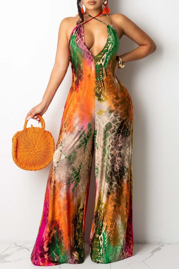 Orange Sexy Print Patchwork Halter Straight Jumpsuits