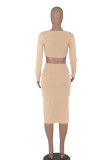 Pink Sexy Solid Hollowed Out Patchwork V Neck Pencil Skirt Dresses