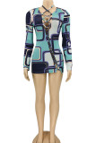 Blue Sexy Print Hollowed Out Patchwork Frenulum O Neck Pencil Skirt Dresses