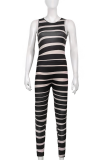 Black Sexy Striped Patchwork O Neck Skinny Jumpsuits