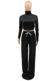 Black Fashion Casual Solid Cardigan Zipper Collar Long Sleeve Two Pieces