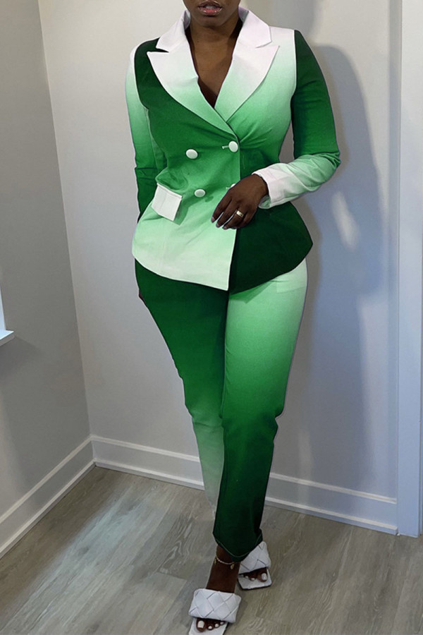 Green Casual Work Gradual Change Print Patchwork Turn-back Collar Long Sleeve Two Pieces