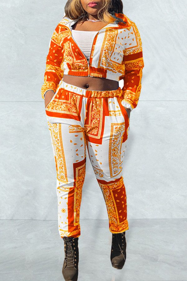 Tangerine Casual Print Patchwork Zipper Zipper Collar Long Sleeve Two Pieces