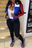Deep Blue Street Solid Patchwork Zipper Collar Outerwear