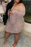 Pink Sexy Patchwork Hot Drilling See-through Off the Shoulder Long Sleeve Dresses