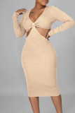 Pink Sexy Solid Hollowed Out Patchwork V Neck Pencil Skirt Dresses