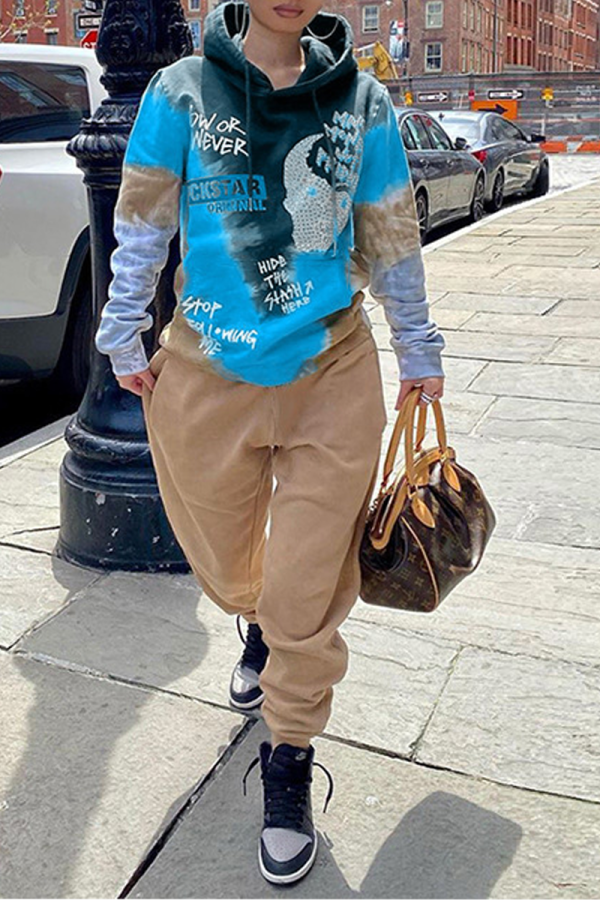 Baby Blue Casual Print Patchwork Hooded Collar Long Sleeve Two Pieces