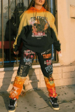 Black Casual Print Patchwork Hooded Collar Long Sleeve Two Pieces
