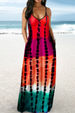 Rose Red Sexy Patchwork Tie-dye Spaghetti Strap Straight Dresses