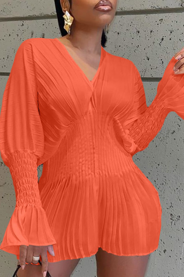 Tangerine Red Sexy Solid Mesh V Neck Cake Skirt Dresses