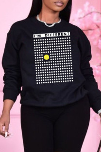 Black Casual Print Patchwork O Neck Tops
