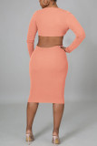 Pink Sexy Solid Hollowed Out Patchwork V Neck Pencil Skirt Dresses