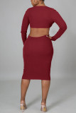 Pink Sexy Solid Hollowed Out Patchwork V Neck Pencil Skirt Dresses