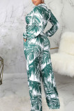 Green Casual Print Bandage Split Joint Turn-back Collar Long Sleeve Two Pieces