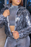 Silver Casual Animal Print Patchwork Turndown Collar Outerwear