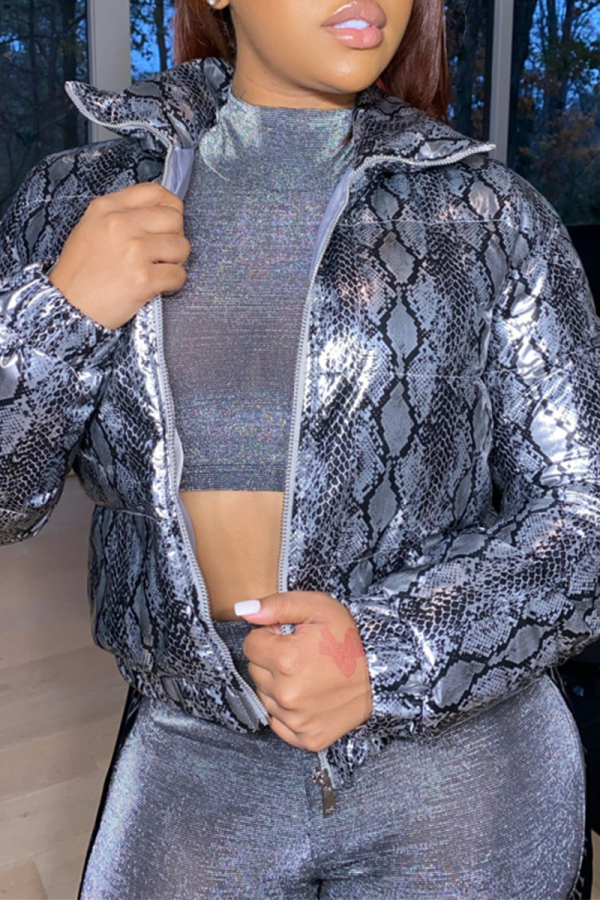 Silver Casual Animal Print Patchwork Turndown Collar Outerwear