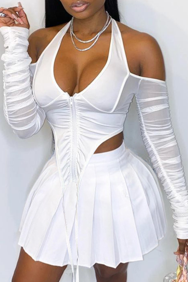 White Sexy Solid Patchwork Halter Long Sleeve Two Pieces