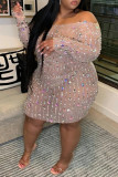 Pink Sexy Patchwork Hot Drilling See-through Off the Shoulder Long Sleeve Dresses