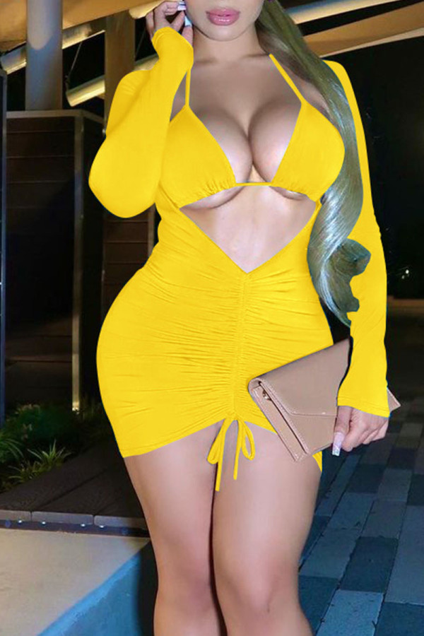 Yellow Sexy Solid Hollowed Out Patchwork Frenulum Fold Halter Long Sleeve Two Pieces
