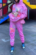 Pink Sportswear Print Patchwork Hooded Collar Long Sleeve Two Pieces