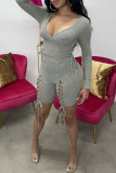 Grey Sexy Casual Solid Bandage Hollowed Out V Neck Long Sleeve Two Pieces