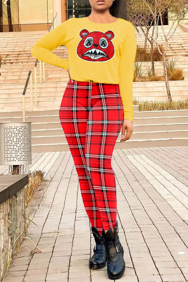 Yellow Casual Plaid Print Patchwork O Neck Long Sleeve Two Pieces