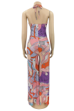 Pink Sexy Print Patchwork Halter Straight Jumpsuits