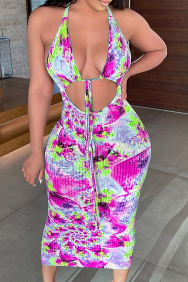 Purple Sexy Print Hollowed Out Halter Pencil Skirt Dresses