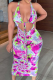 Purple Sexy Print Hollowed Out Halter Pencil Skirt Dresses