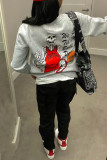 Grey Fashion Casual Skull Head Print Basic O Neck Tops