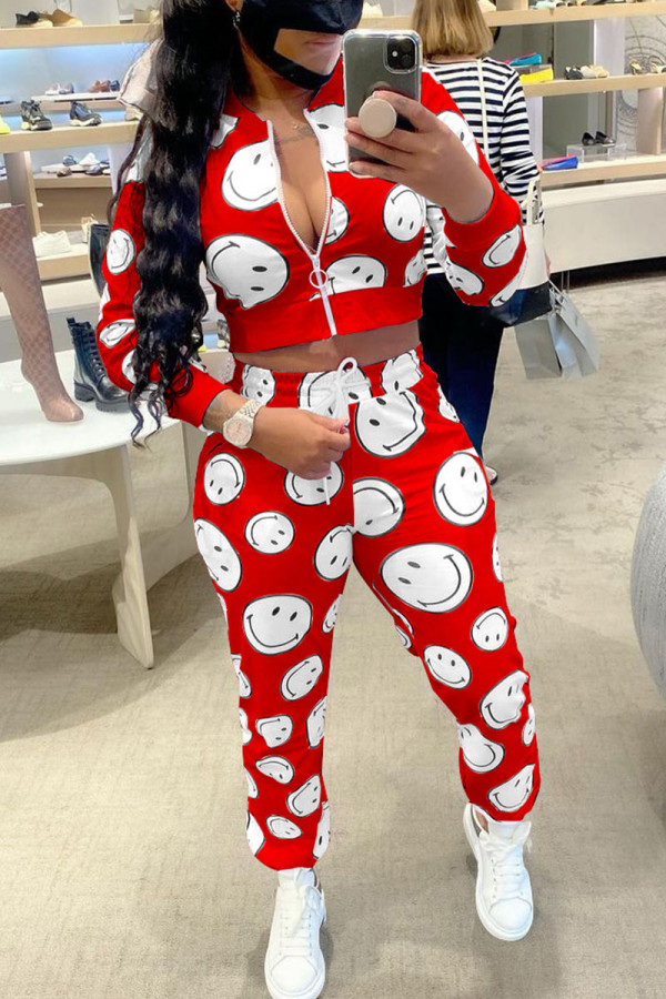 Red Casual Print Patchwork Zipper Mandarin Collar Long Sleeve Two Pieces