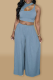 Blue Casual Solid Patchwork O Neck Sleeveless Two Pieces