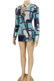Blue Sexy Print Hollowed Out Patchwork Frenulum O Neck Pencil Skirt Dresses