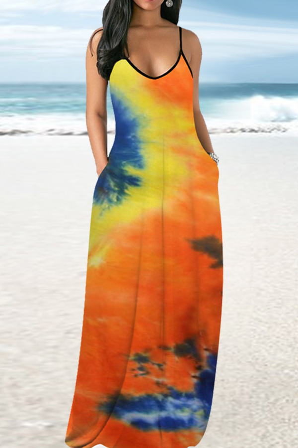 Yellow Sexy Patchwork Tie-dye Spaghetti Strap Straight Dresses