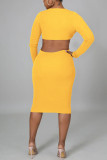 Pink Sexy Solid Hollowed Out Patchwork V Neck Pencil Skirt Dresses