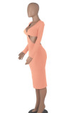 Pink Sexy Solid Hollowed Out Patchwork V Neck Pencil Skirt Dresses