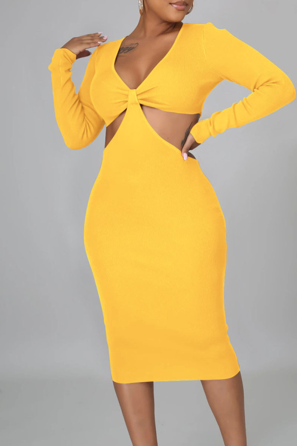 Yellow Sexy Solid Hollowed Out Patchwork V Neck Pencil Skirt Dresses