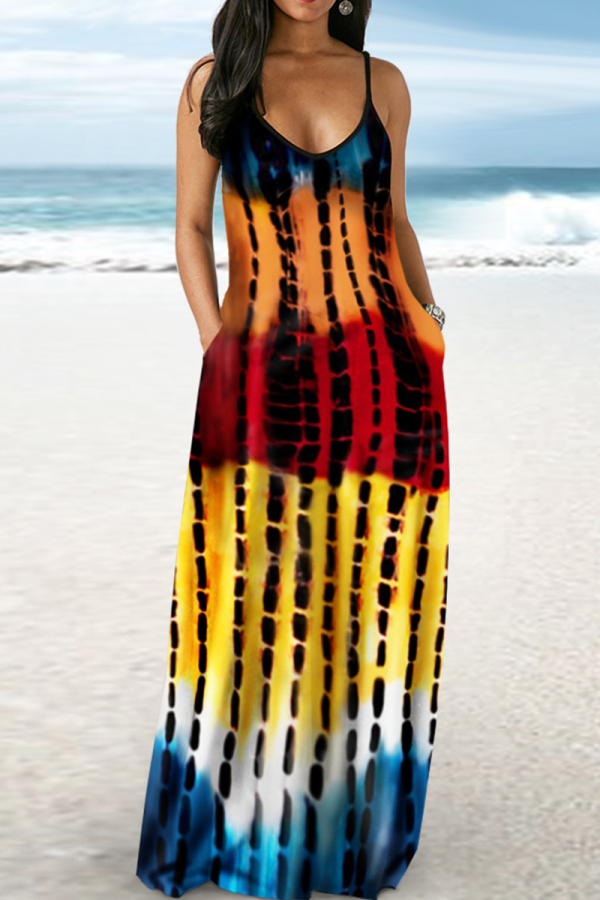 Blue Sexy Patchwork Tie-dye Spaghetti Strap Straight Dresses