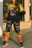 Black Casual Print Patchwork Hooded Collar Long Sleeve Two Pieces