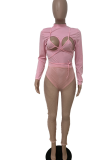 Pink Sexy Solid Mesh Skinny Jumpsuits